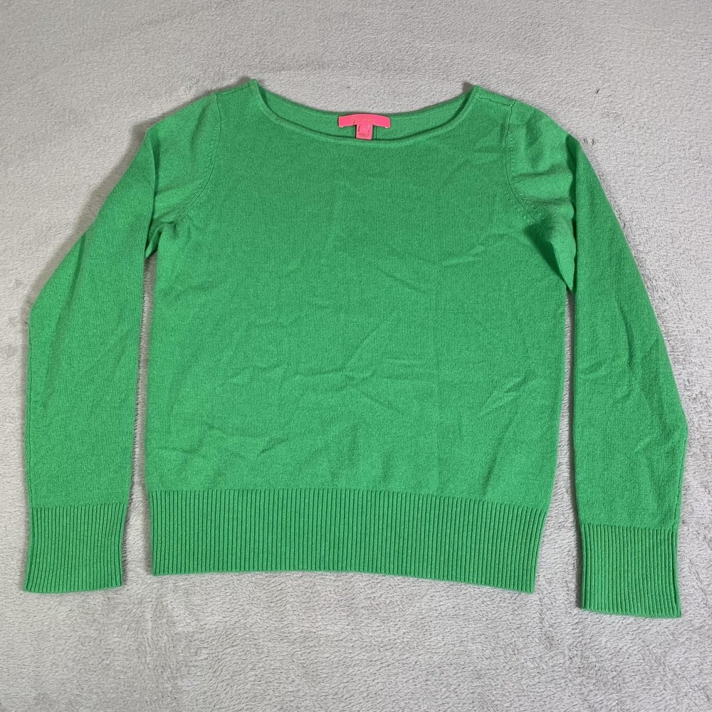 Lilly Pulitzer Sweater Womens Medium Green Cashmere Boat Neck Button Back‎ Knit